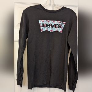 Levi's black crew neck long sleeve cotton tee shirt logo with FLAMINGOS size S